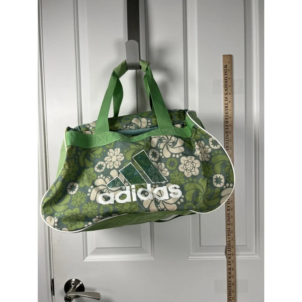 Adidas Floral Duffle Bag Green White Flower Print Gym Travel Shoulder Bag Kids
